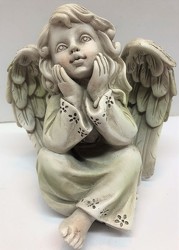 Sitting angel holding face-angel19-05 from Krupp Florist, your local Belleville flower shop