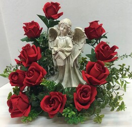 Angel adorned with silk roses angel20-1sty from Krupp Florist, your local Belleville flower shop