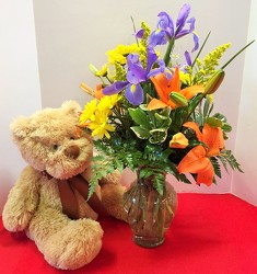 Brown bear with floral arrangement br-beararrg01 from Krupp Florist, your local Belleville flower shop