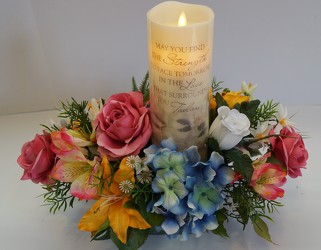 Candle arrangement in silk flowers-candle16f-3 from Krupp Florist, your local Belleville flower shop