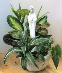 Dishgarden planter with ceramic Madonna-dish-madonna2 from Krupp Florist, your local Belleville flower shop