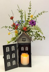 Tall lantern house with silk swag from Krupp Florist, your local Belleville flower shop