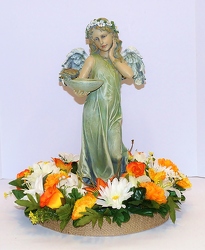 Angel with birdfeeder with silk wreath ss16sty-2a from Krupp Florist, your local Belleville flower shop