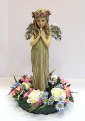 Praying angel with wreath of silk flowers ss161sty-3 from Krupp Florist, your local Belleville flower shop