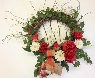 Wreath-red/white silks with cardinals-wreath-04 from Krupp Florist, your local Belleville flower shop