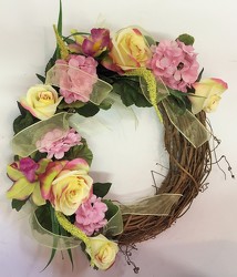 Wreath-pink/yellow-wreath-54 from Krupp Florist, your local Belleville flower shop