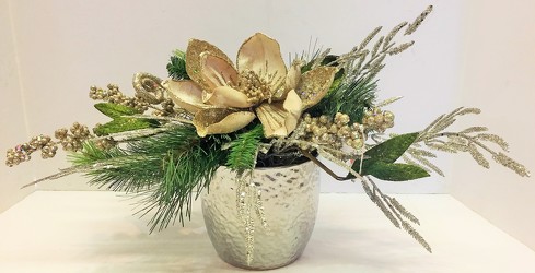 Christmas arrangement in silver vase-xmasarrg-12 from Krupp Florist, your local Belleville flower shop