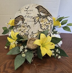 SILK SURROUND YELLOW FLOWERS WITH BIRD STONE from Krupp Florist, your local Belleville flower shop