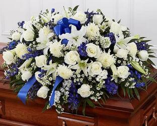 Blue & White Mixed Half Casket Cover from Krupp Florist, your local Belleville flower shop