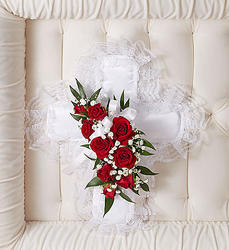 Red & White Satin Cross Casket Pillow ck-cross-red from Krupp Florist, your local Belleville flower shop