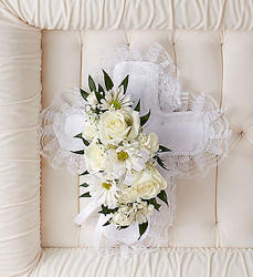 White Satin Cross Casket Pillow ck-cross from Krupp Florist, your local Belleville flower shop