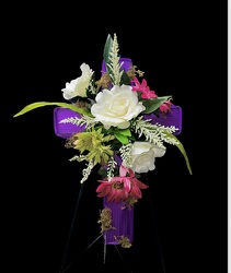 18" cross with silk flowers from Krupp Florist, your local Belleville flower shop