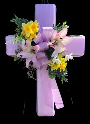 Lavender styrofoam/silk cross silk-cross-2405 from Krupp Florist, your local Belleville flower shop