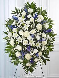 Blue & White Funeral Standing Spray from Krupp Florist, your local Belleville flower shop