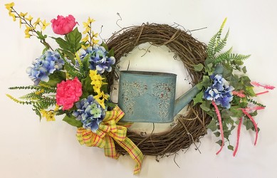 Wreath-Spring with watering can-wreath-48 from Krupp Florist, your local Belleville flower shop