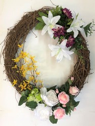 Wreath-forsythia, lily & rose-wreath-75 from Krupp Florist, your local Belleville flower shop