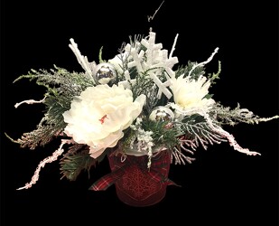 Silk arrangement in a tin xmas-arrg2307 from Krupp Florist, your local Belleville flower shop